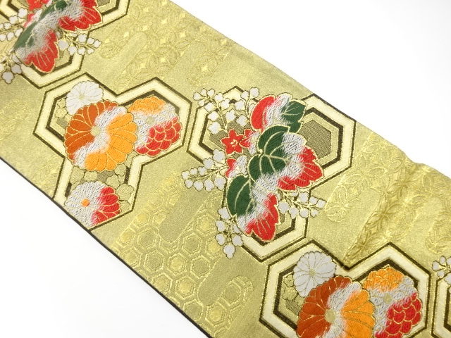 アンティーク　毘沙門亀甲に菊桐模様織り出し袋帯（着用可）